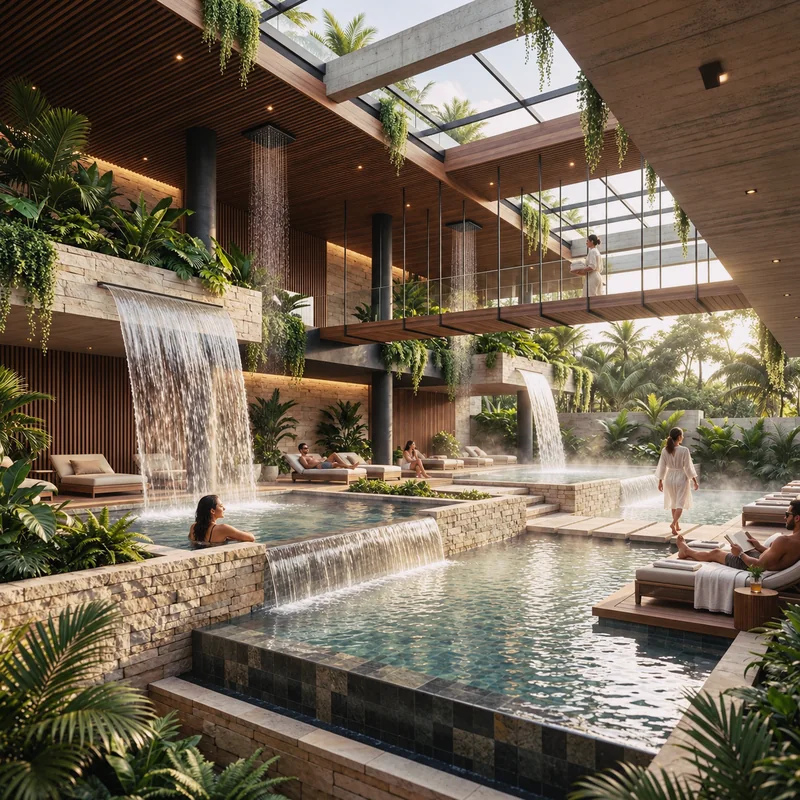 Spa com cascatas e piscina aquecida