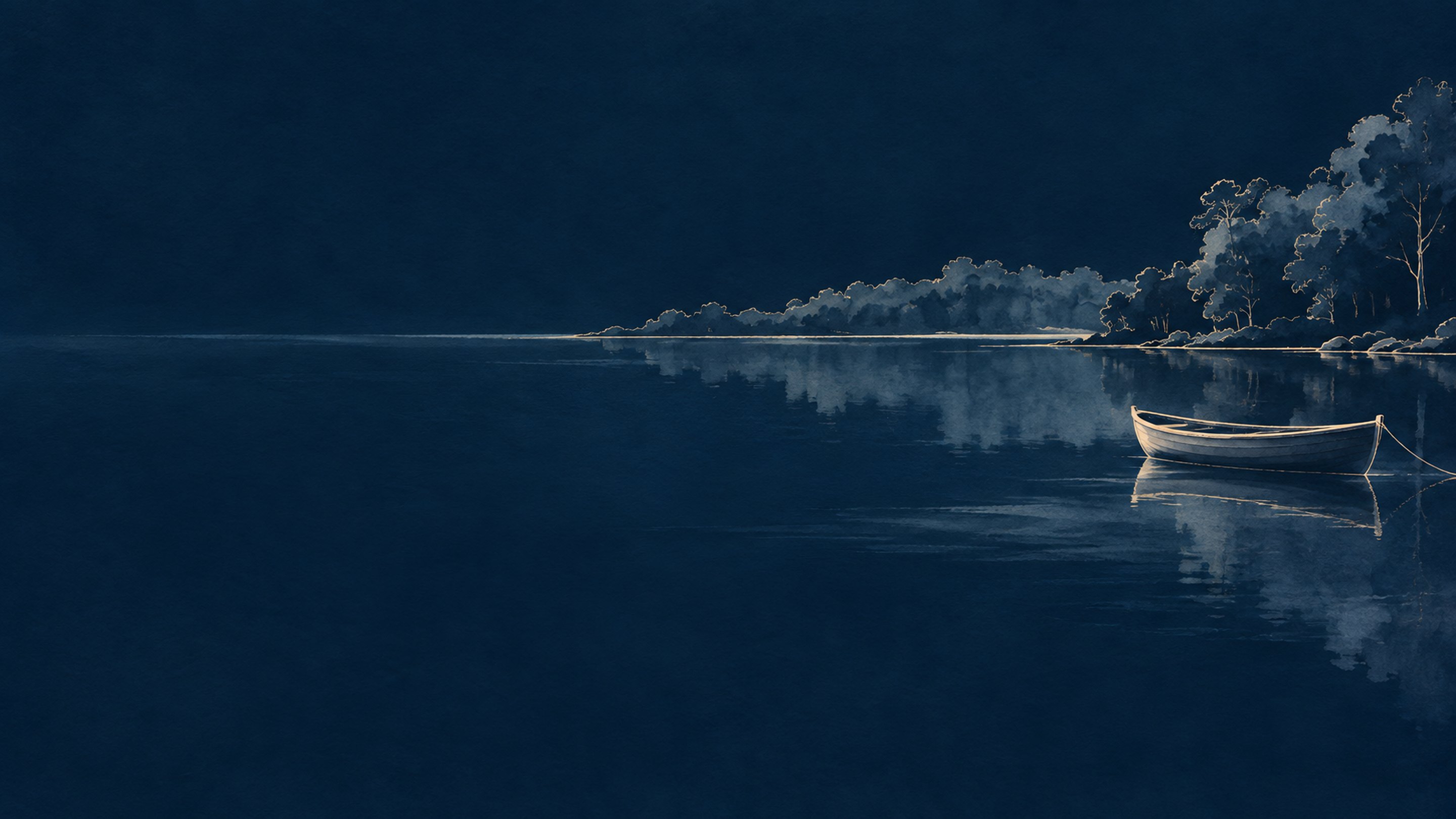 Ilustração do Lago Corumbá IV à noite, com um barco a remo junto à margem de mata