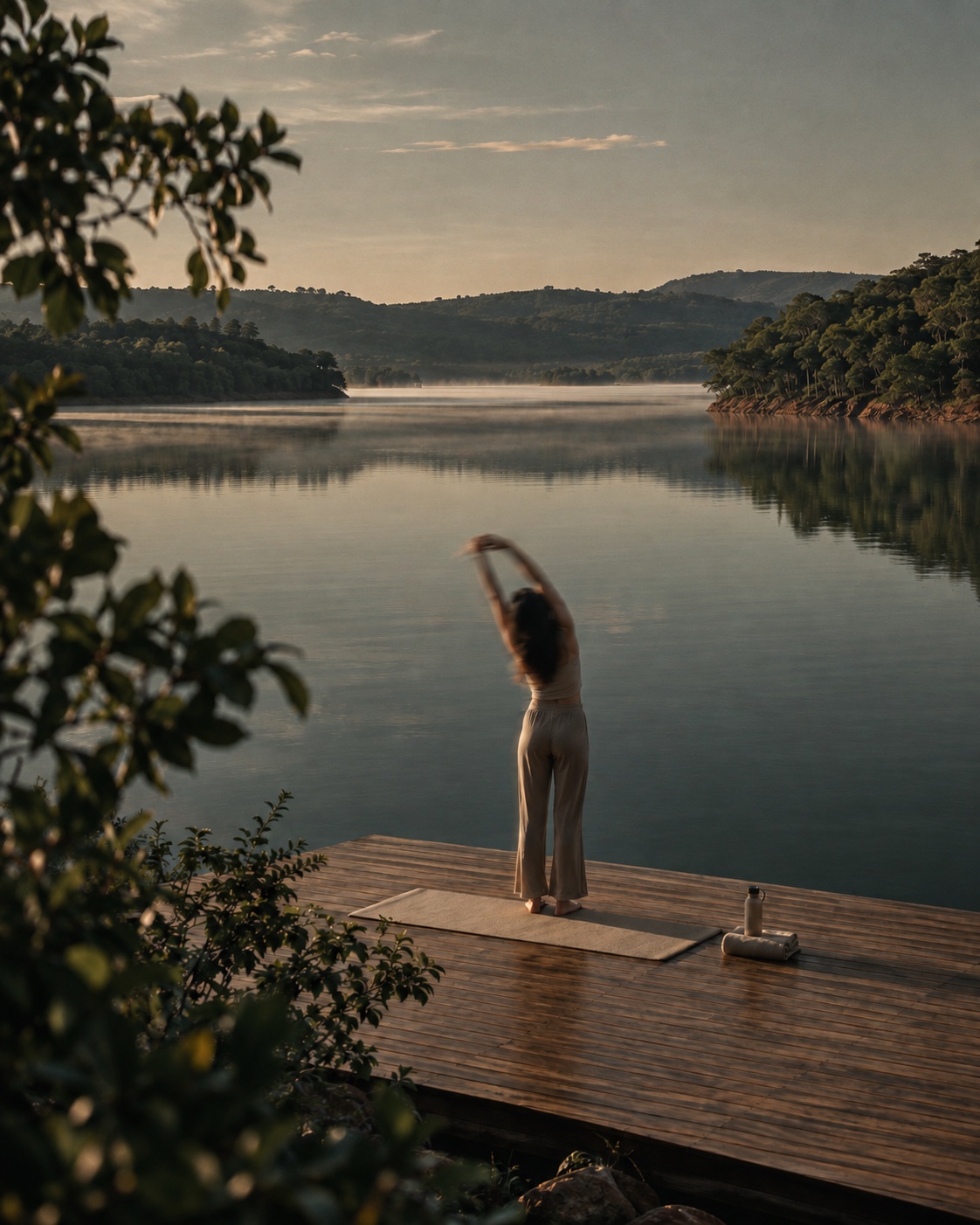 Alongamento ao amanhecer no deck, à margem do lago