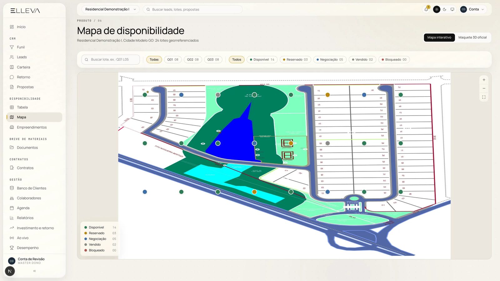 Sistema ELLEVA · mapa de disponibilidade, dados de demonstração